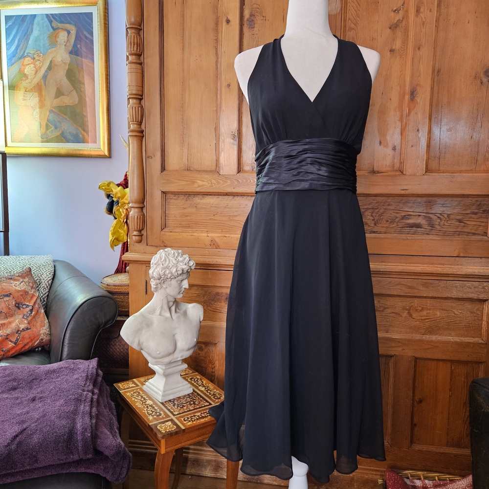 Style & Co. Beautiful Black Halter Dress With Flare Skirt. Satin Fitted Waist